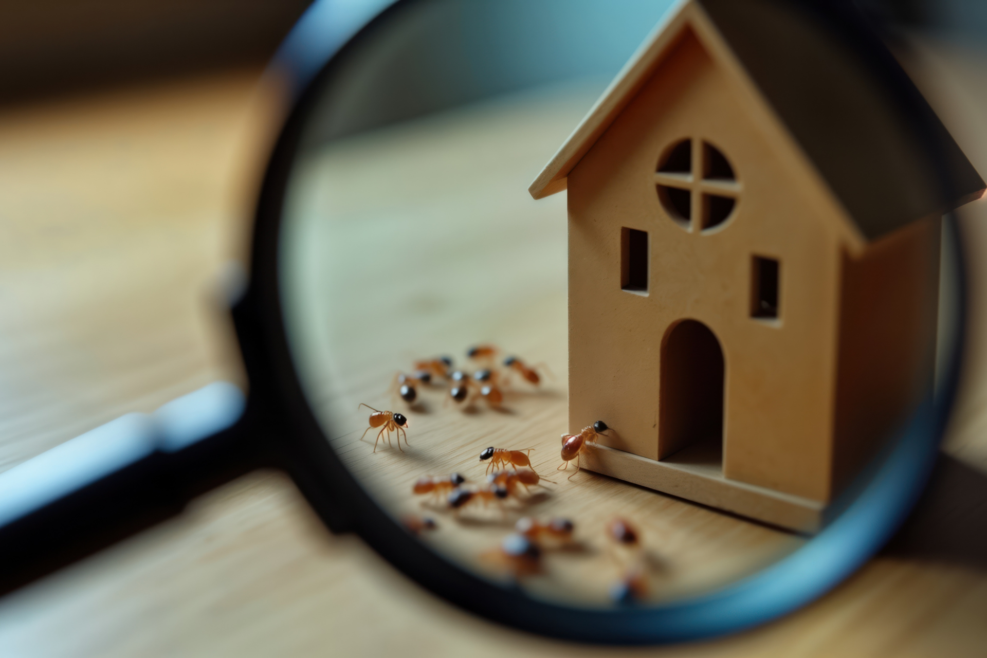 A magnifying glass is looking at a model house on a table.