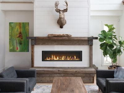 A living room with a fireplace and a deer head on the wall.