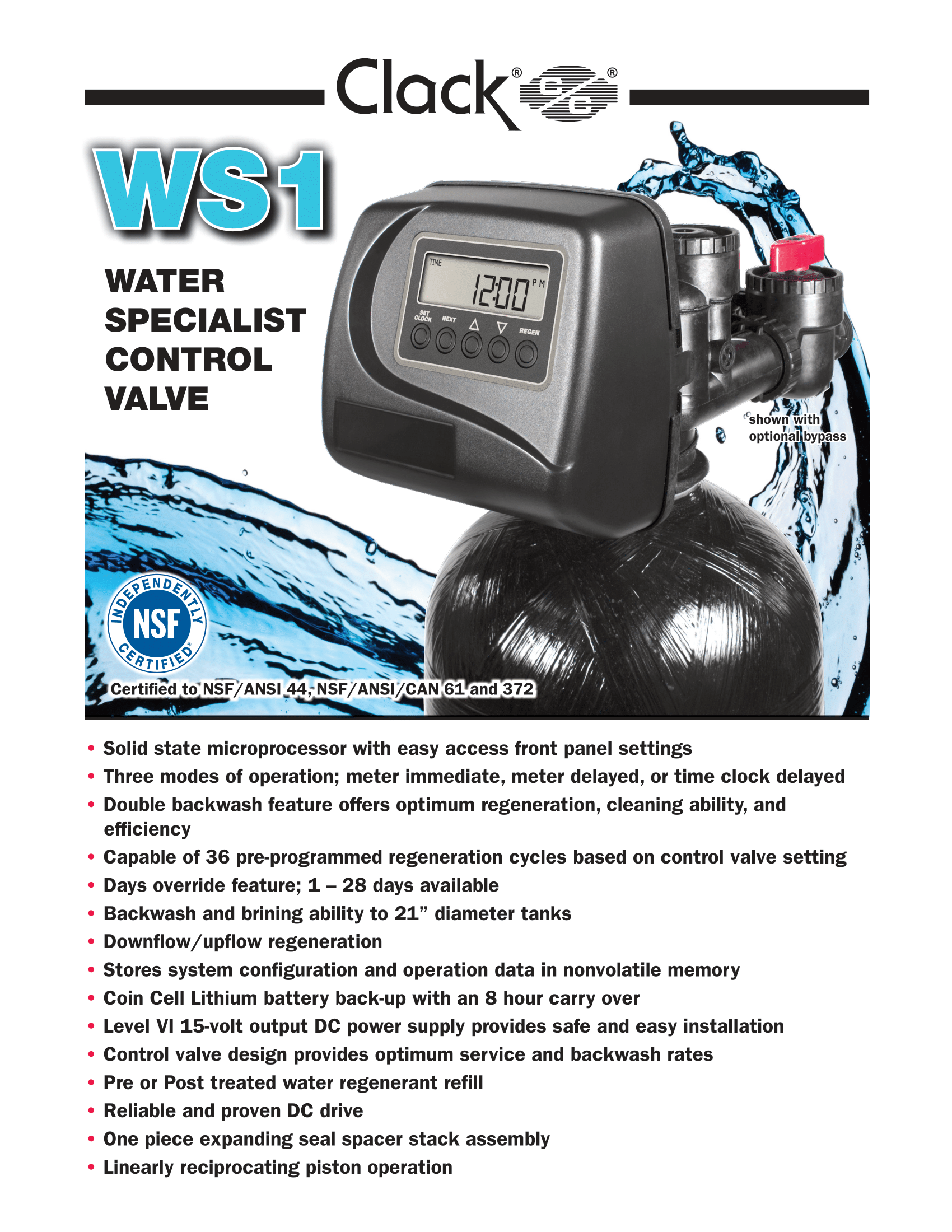Clack WS1 water specialist control valve, black with digital display, water flow graphic.