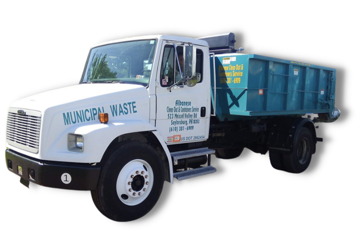 A white municipal waste truck with a blue dumpster