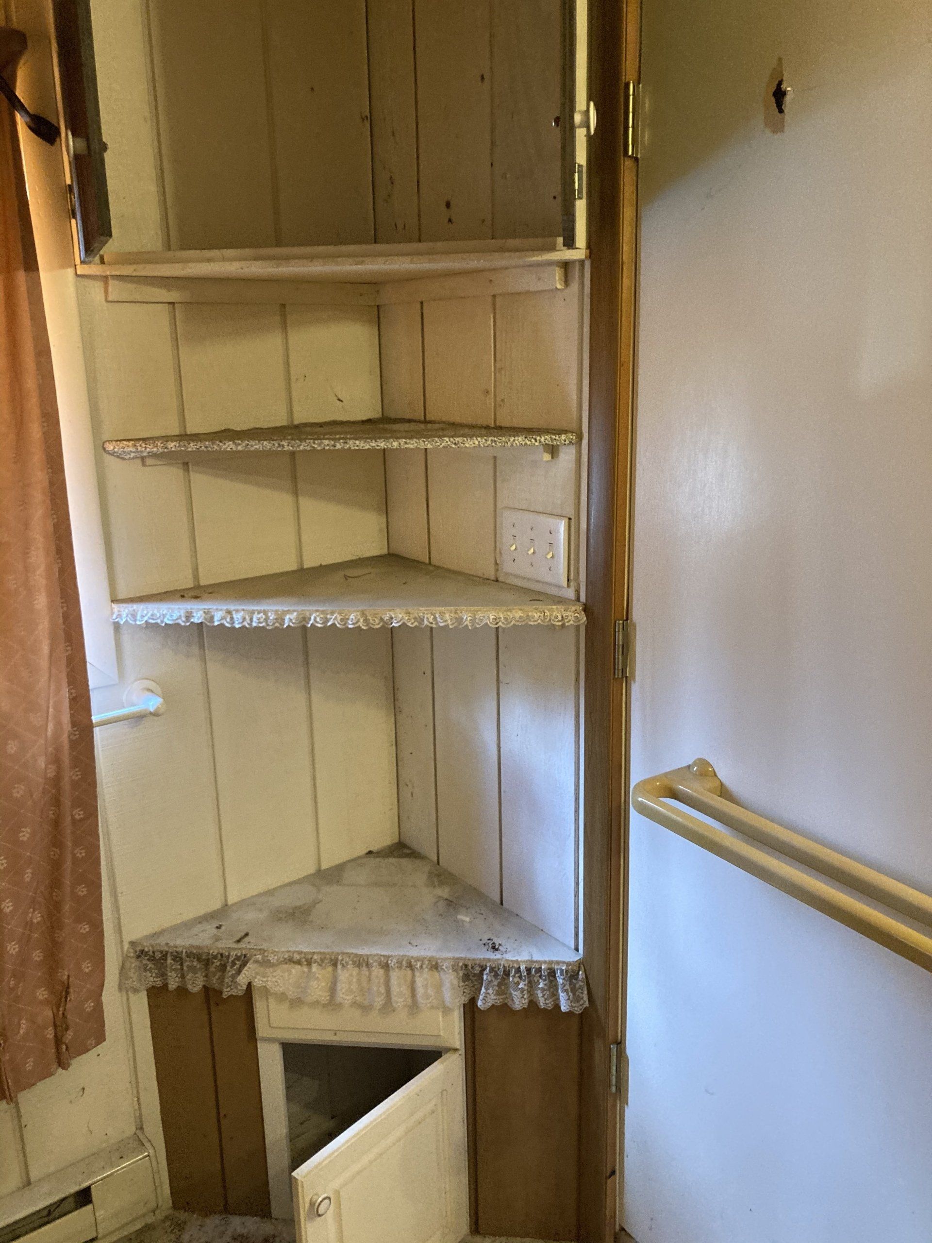 A bathroom with a corner shelf and a door.