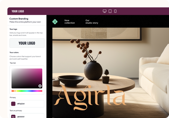 A screenshot of a website showing a coffee table with a vase of flowers on it.