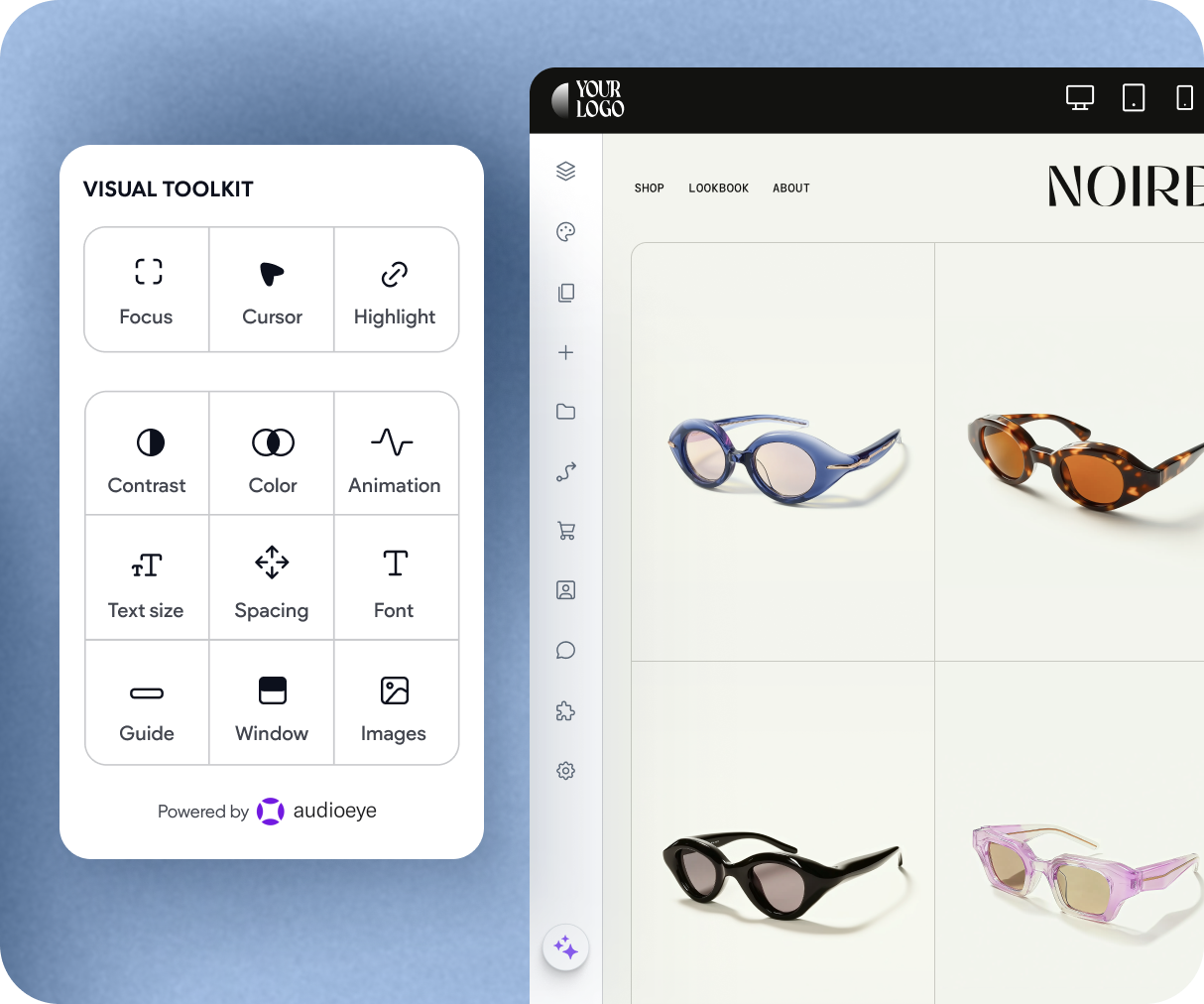 A screenshot of a website with sunglasses on it