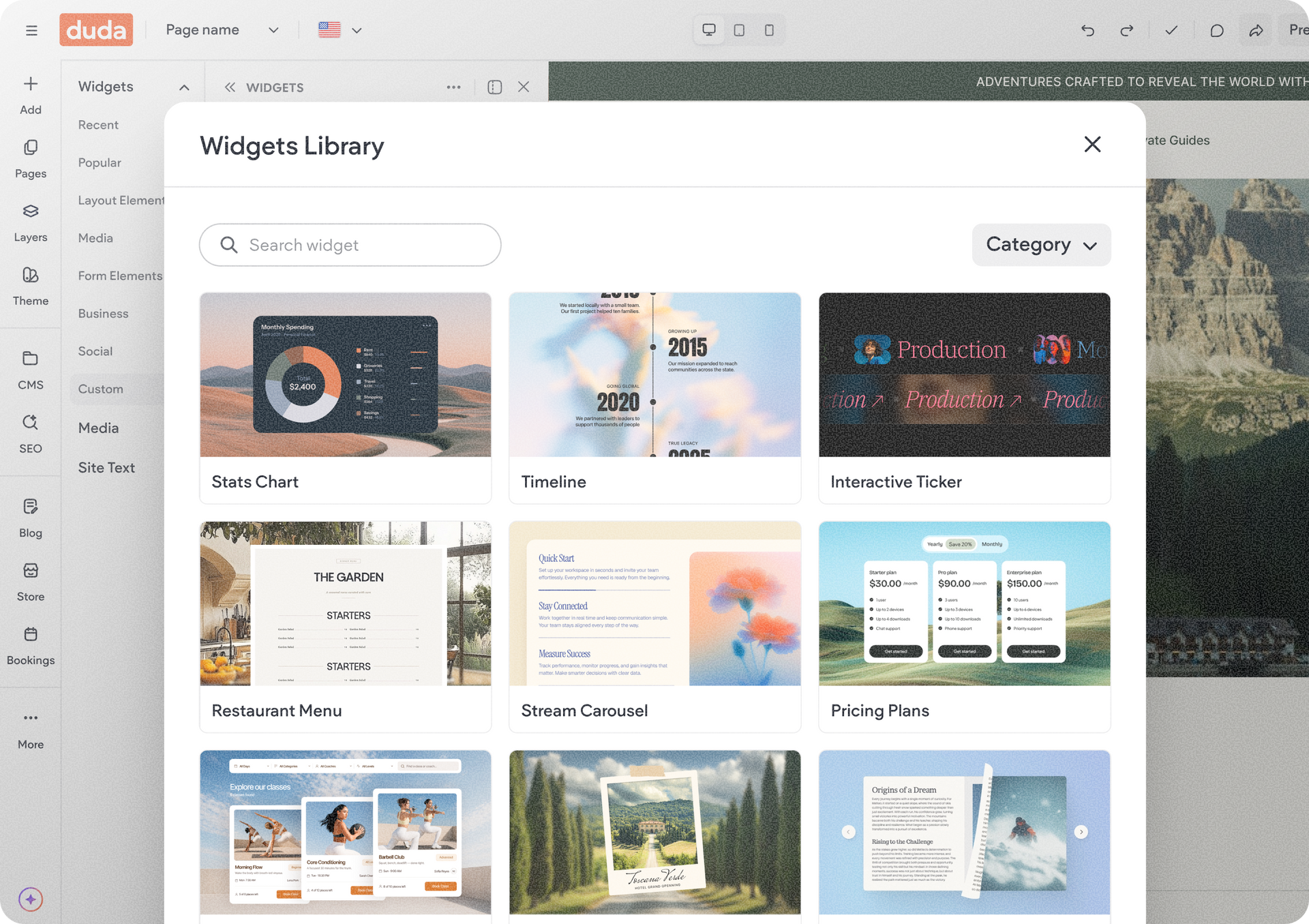 Overzicht van de widgetbibliotheek met zoek- en filteropties