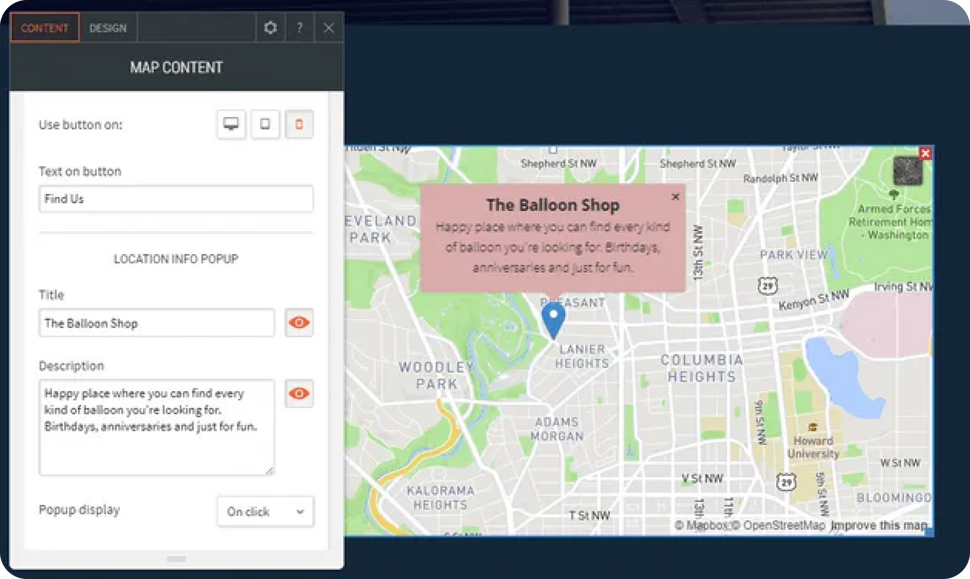 Location info popup on a Map widget