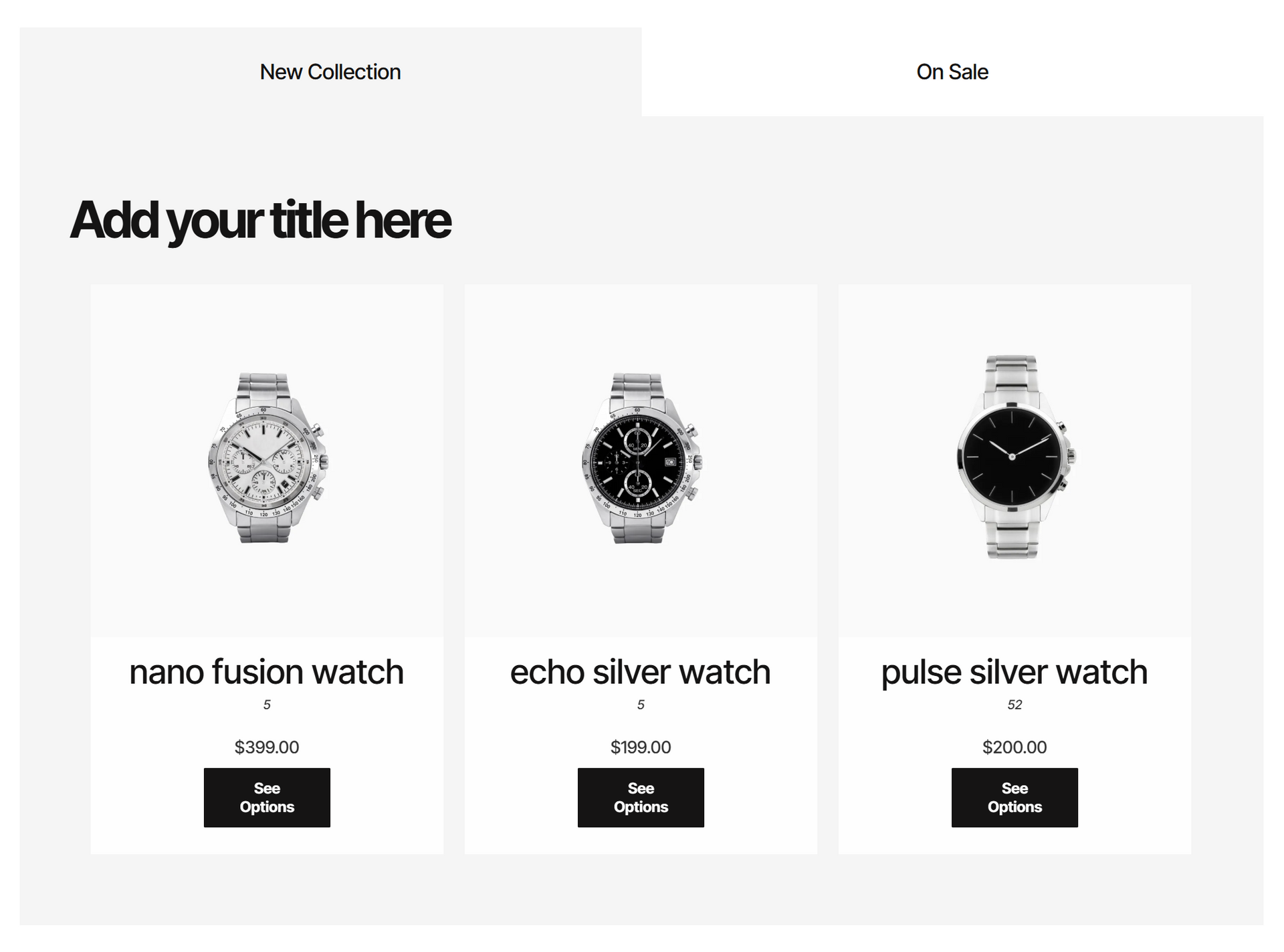 A screenshot of a website with three watches on it.
