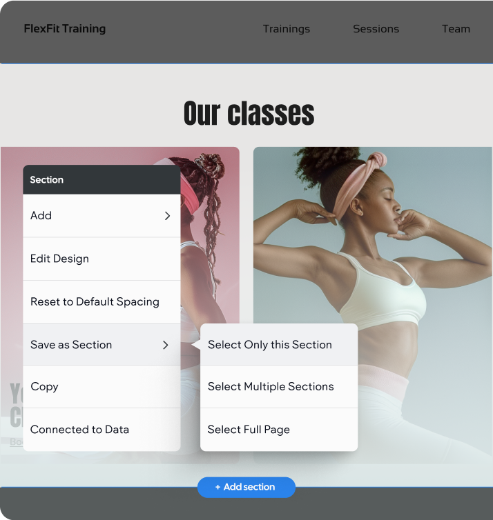A screenshot of a website that says our classes