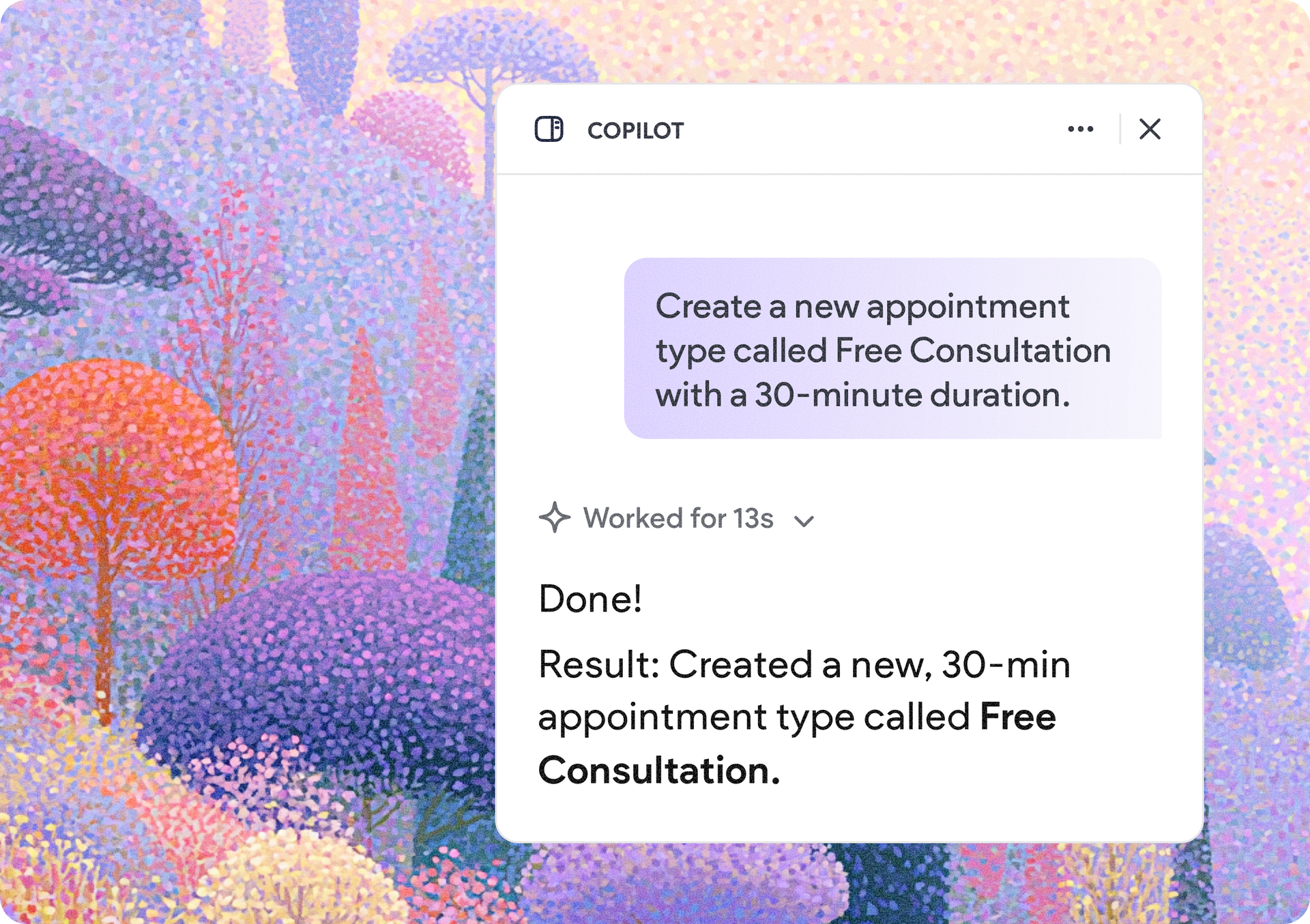 Copilot chat card confirming creation of a 30-minute Free Consultation appointment type
