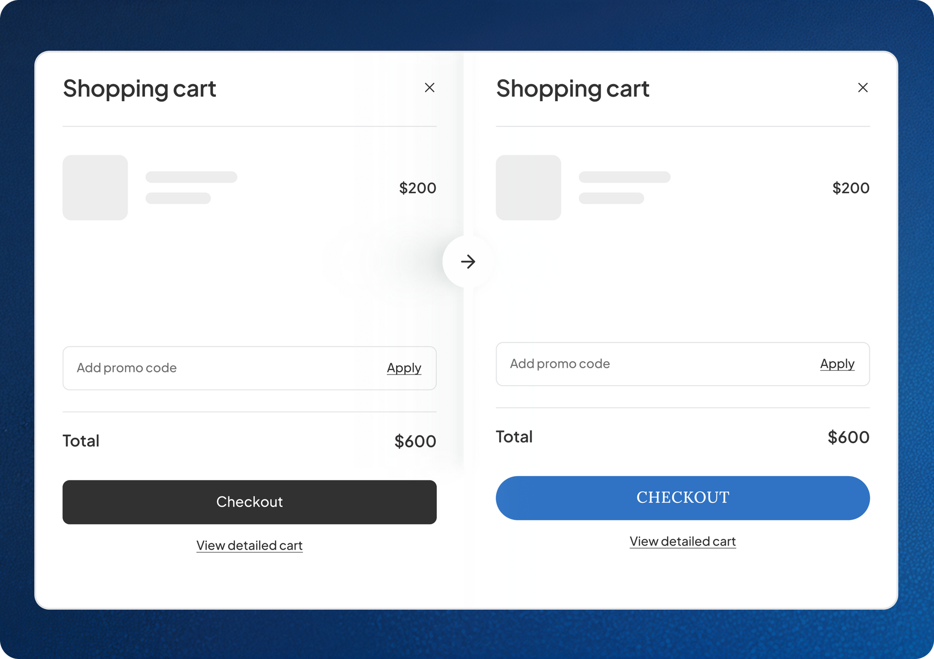 Side-by-side shopping cart checkout screens, one black and one blue, showing items, totals, and checkout buttons