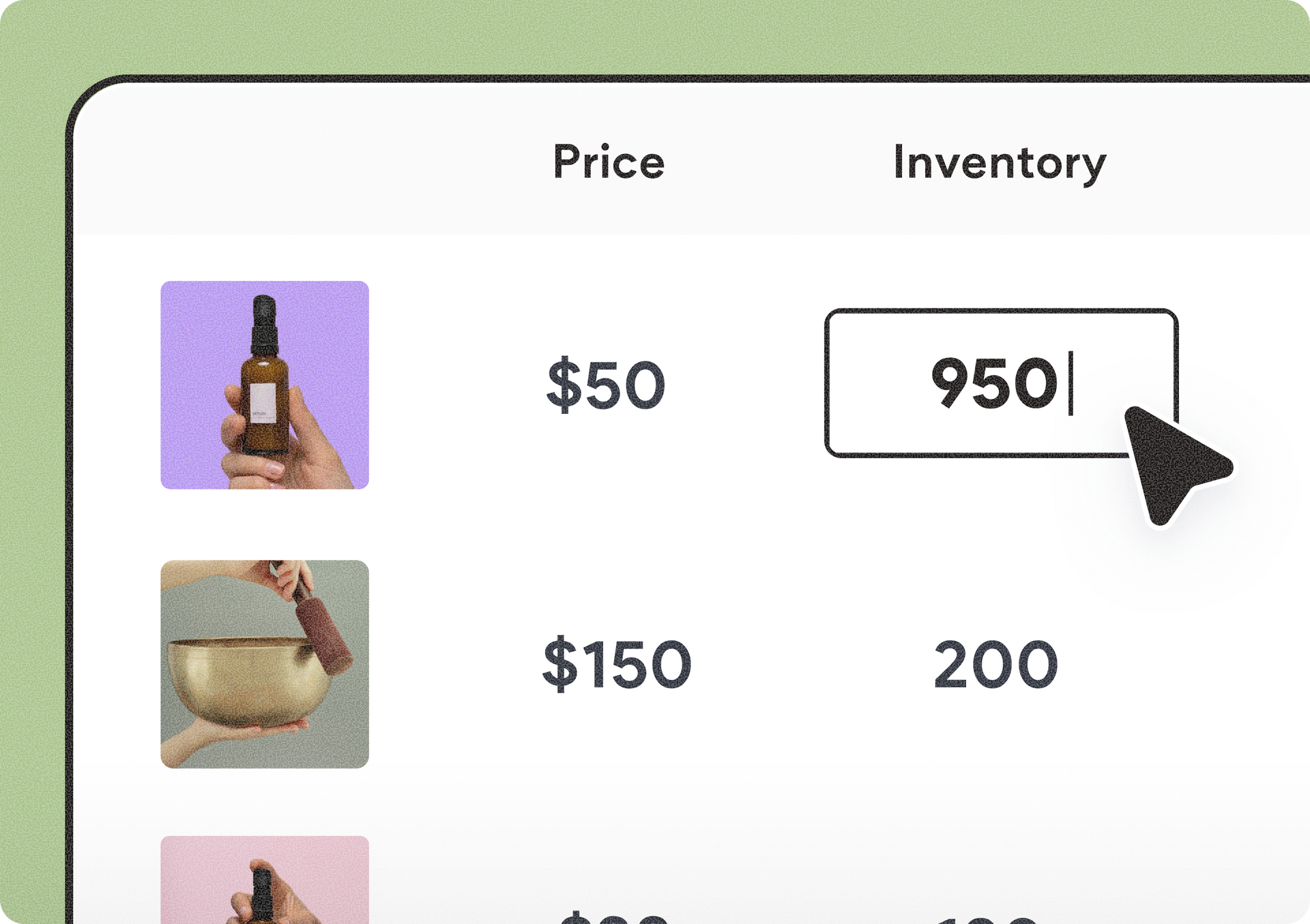 Inventory management interface with a hand entering