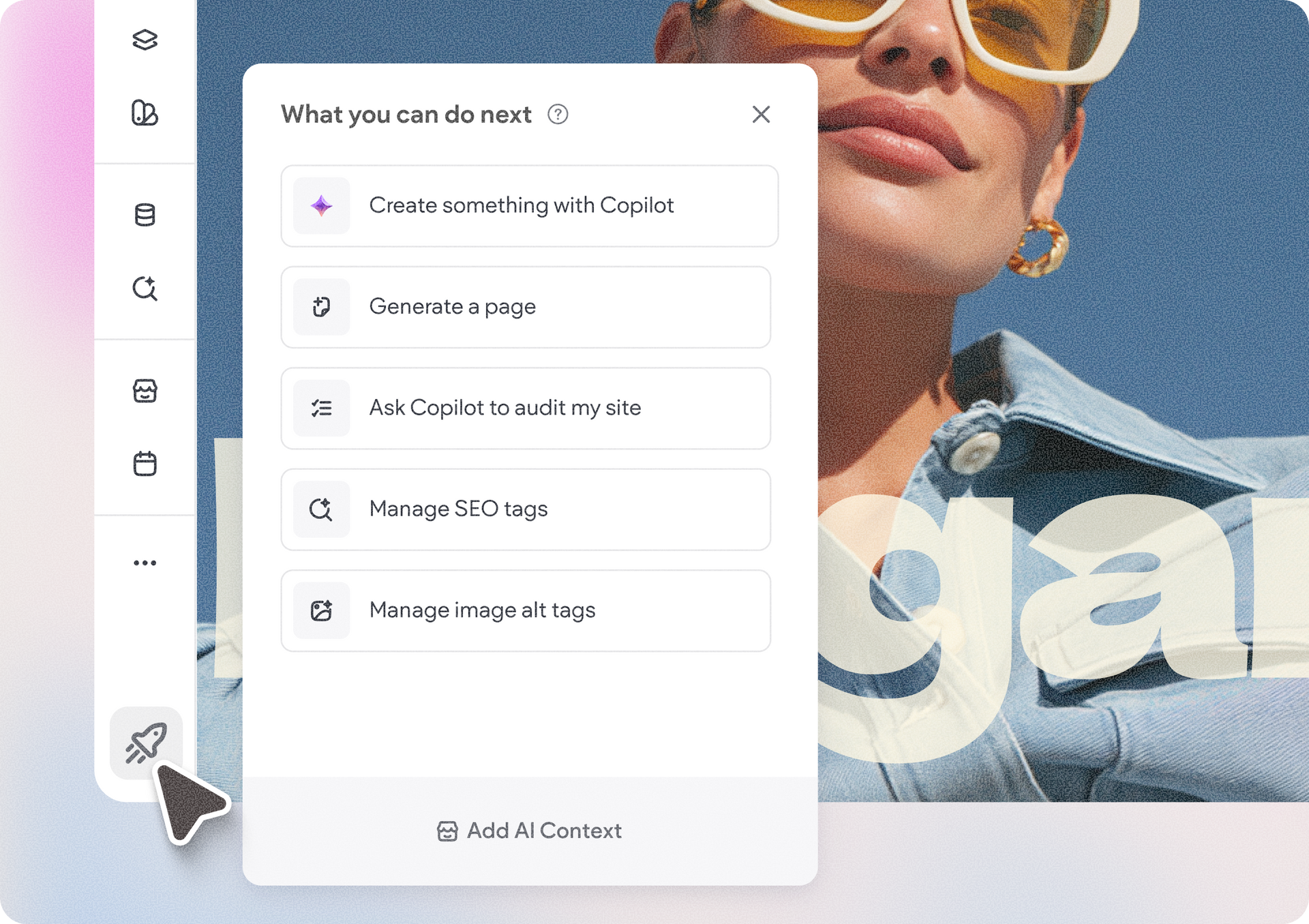 Accessibility app menu overlay on a photo background with a woman in sunglasses