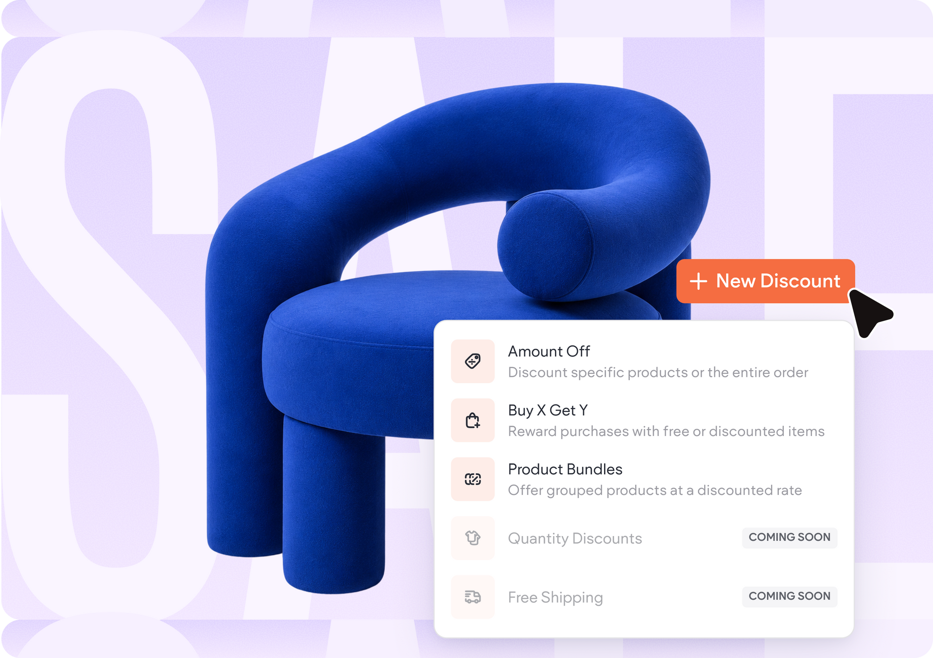 Blue 3D abstract shape above a white notification panel on a lavender background