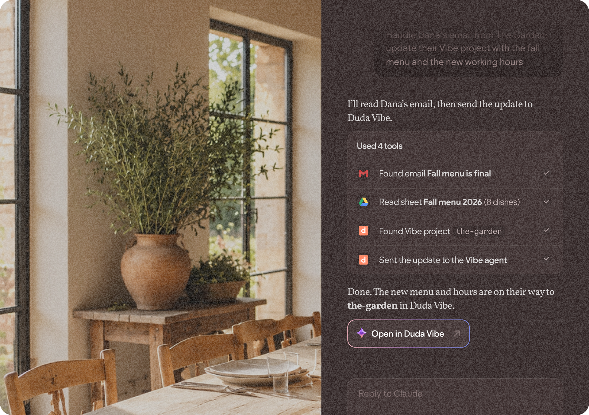 Interior scene with potted tree by a window and a dark sidebar menu on the right.