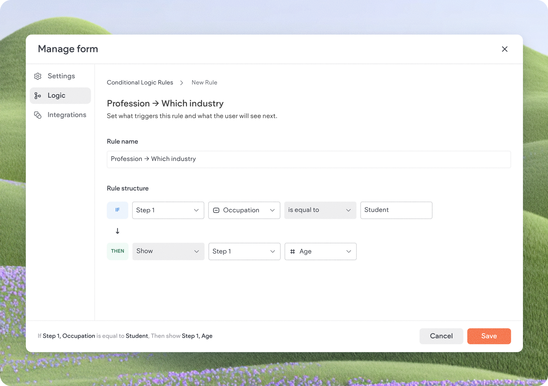 White settings dialog with form fields and Save and Cancel buttons on the right.