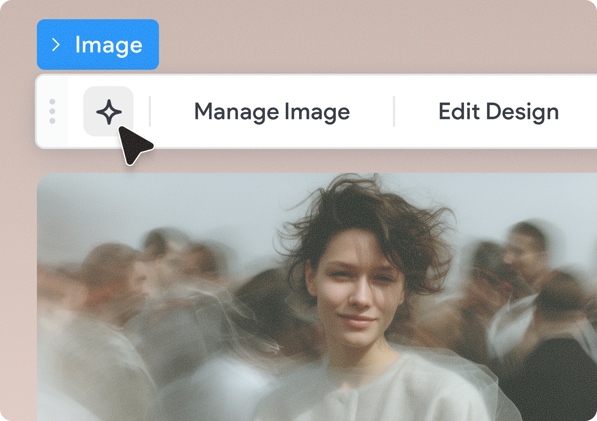 Hand cursor hovering over an image toolbar above a blurred portrait photo