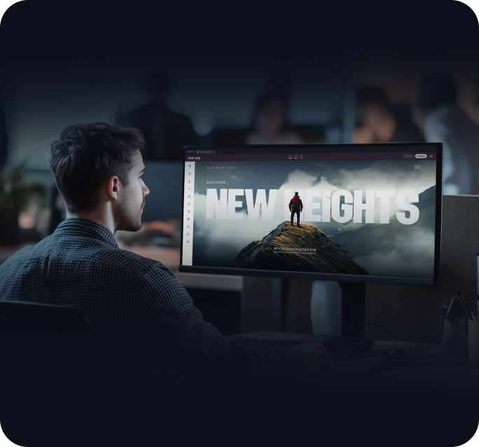 A man is sitting in front of a computer screen that says new heights.