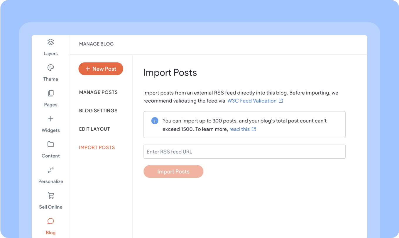 A screenshot of a website that says import posts on it.