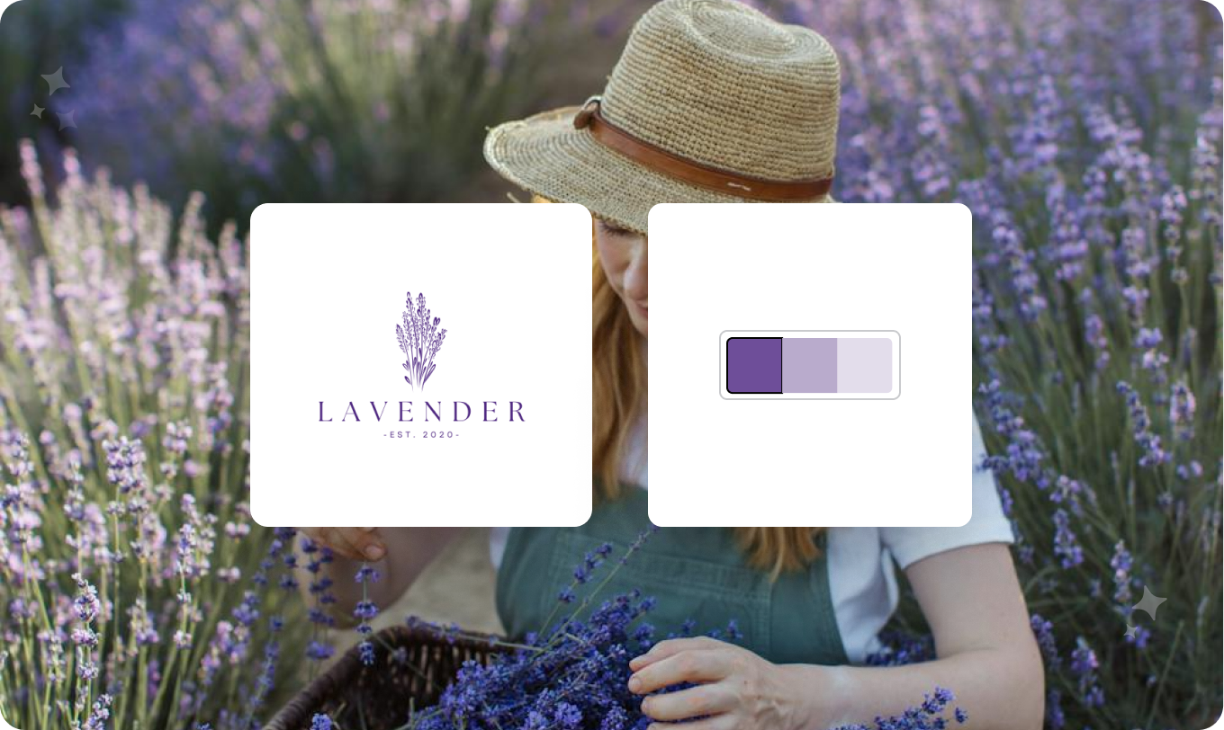 A woman in a straw hat is sitting in a field of lavender flowers.