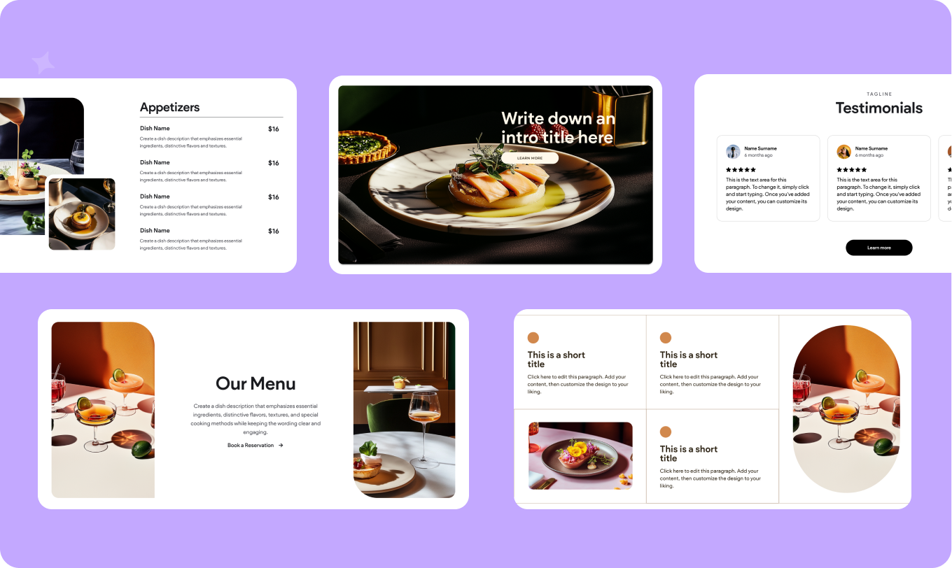 A collage of images of food on a purple background.