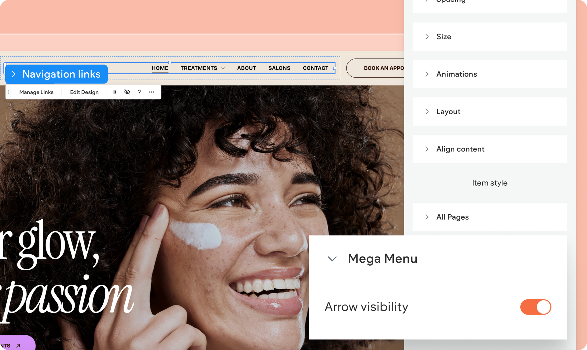 A website design interface showing a woman with a cream application and a popup menu with options for