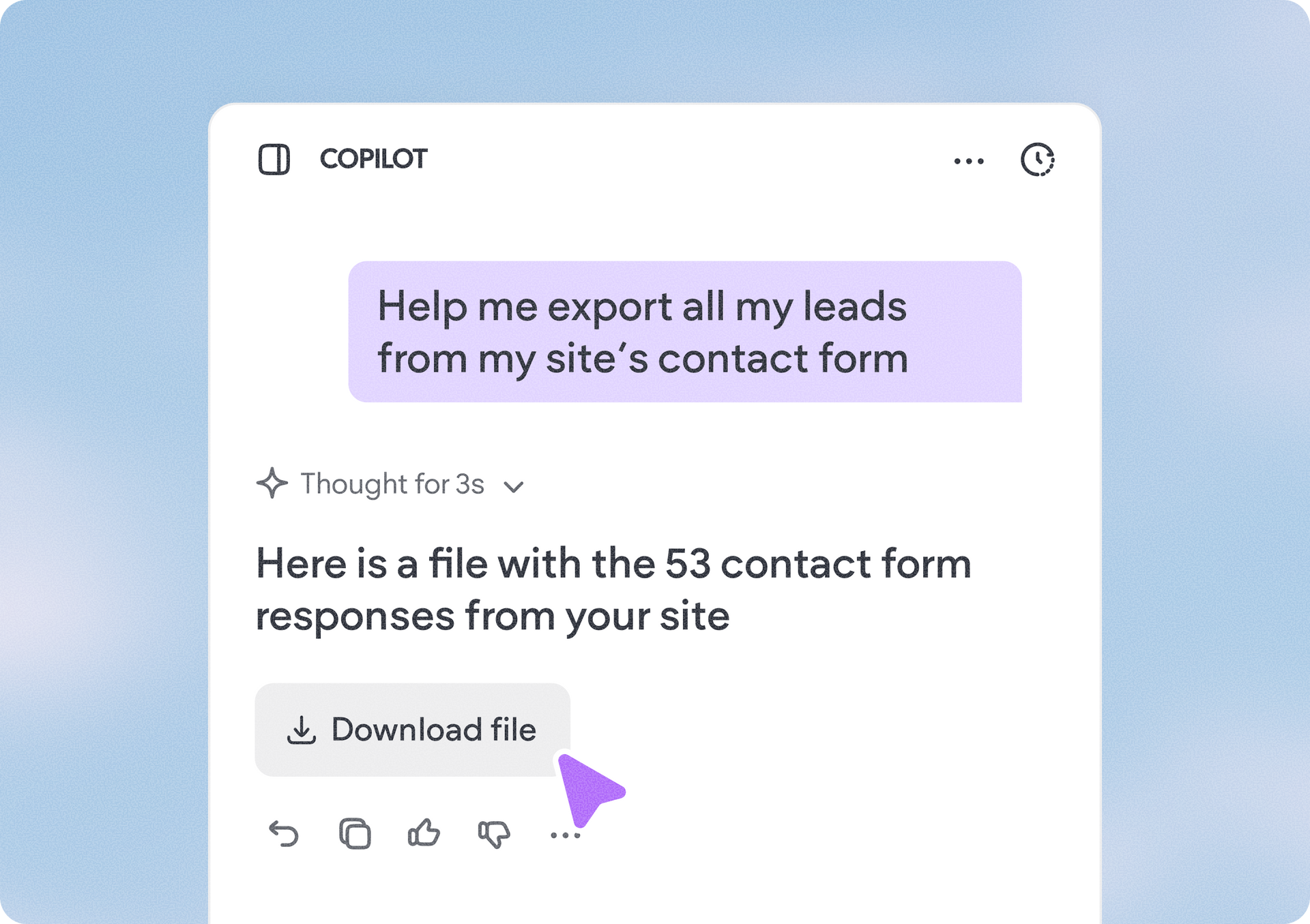 ChatGPT chat showing a reply that says 53 contact form responses are ready to download.