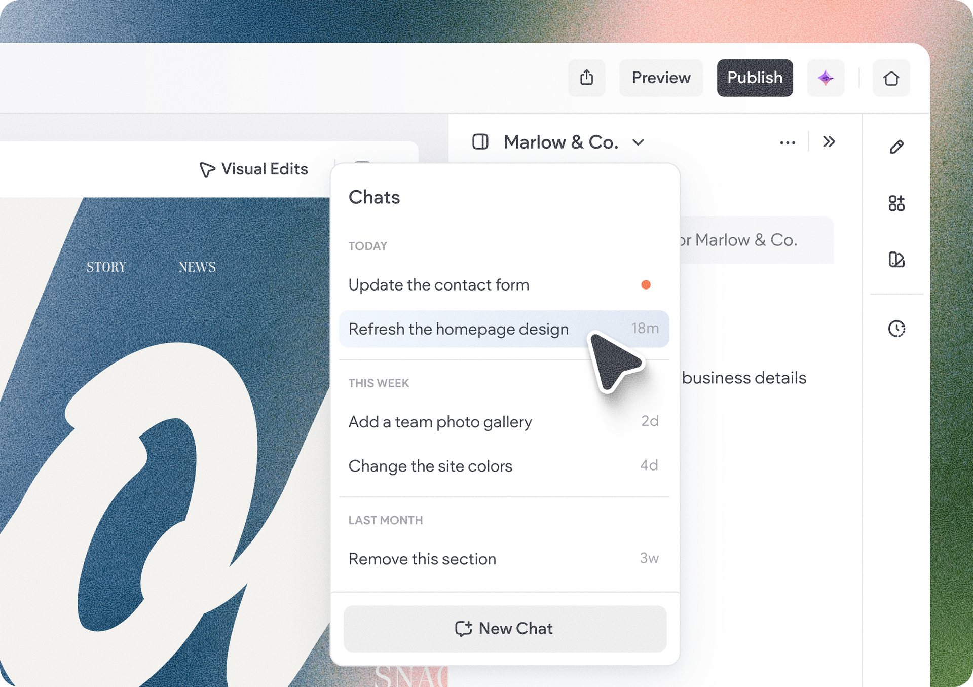 Close-up of a web app dropdown menu over a blue-and-white graphic design canvas.