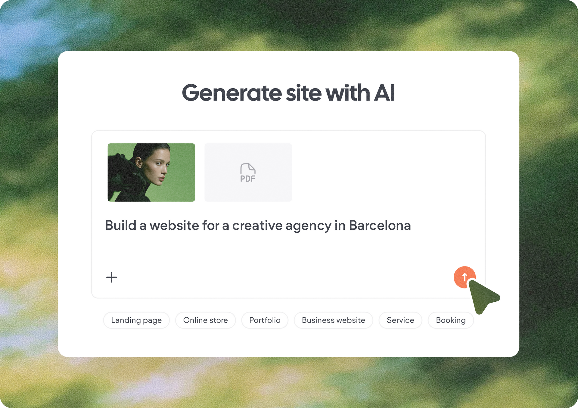 Website builder mockup with “Generate site with AI” headline and a green-and-white interface on a blurred background