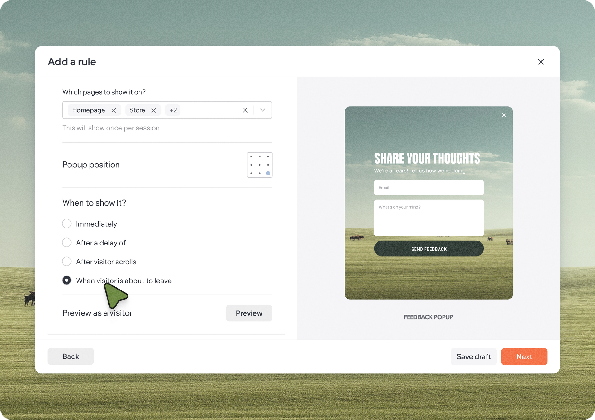 UI editor showing a signup form preview with a pale green background and a white settings panel.