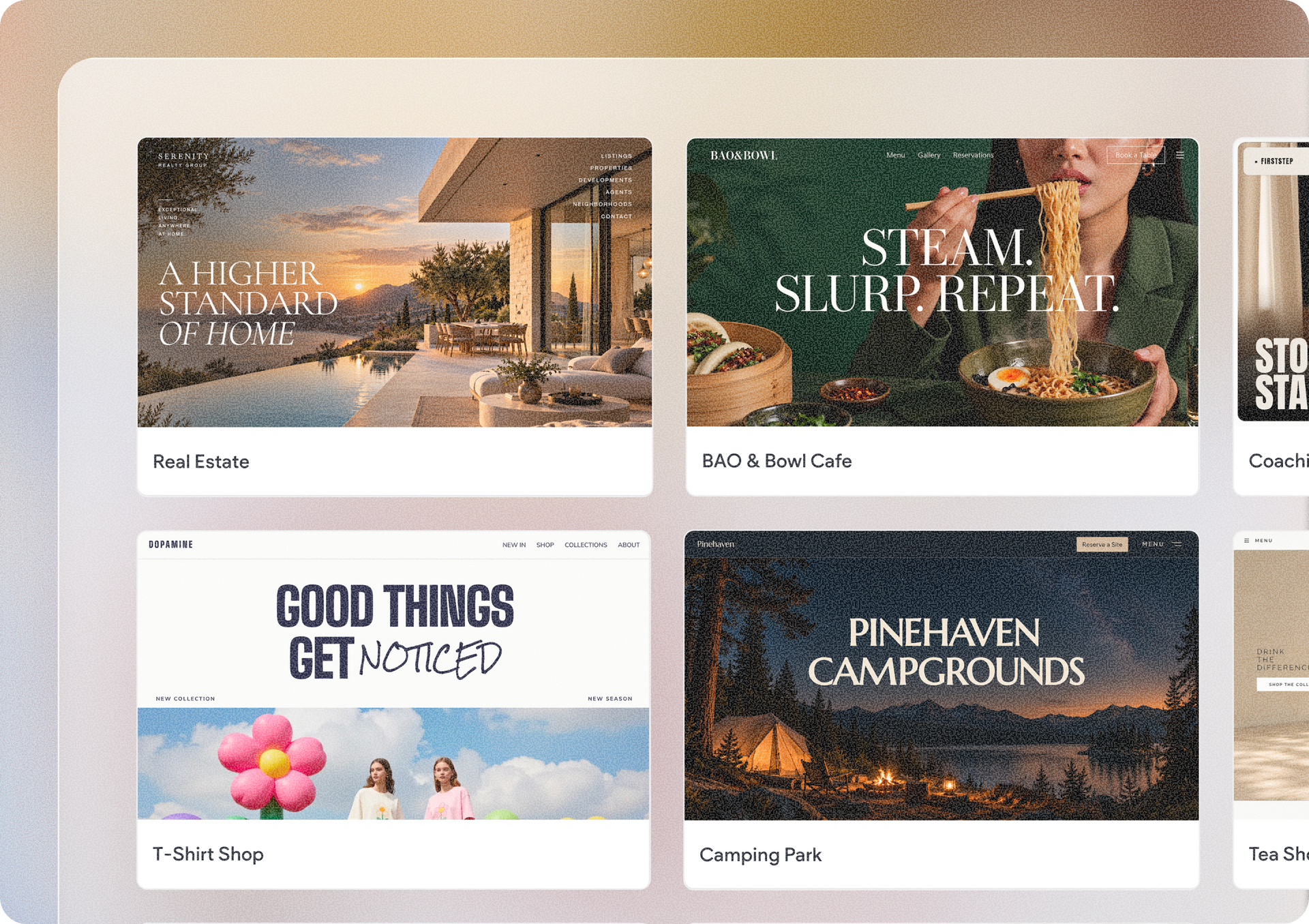 Website homepage showing a grid of travel resort cards with scenic photos and bold destination titles