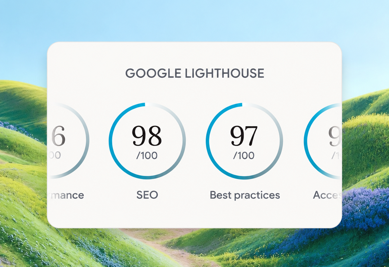 Google Lighthouse score card showing SEO 98 and Best Practices 97 on a white panel over a landscape background