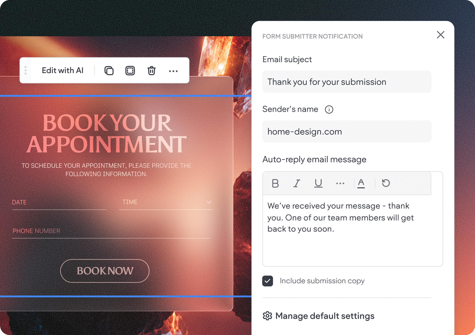 Website booking page with “Book your appointment” banner and a contact form on the right