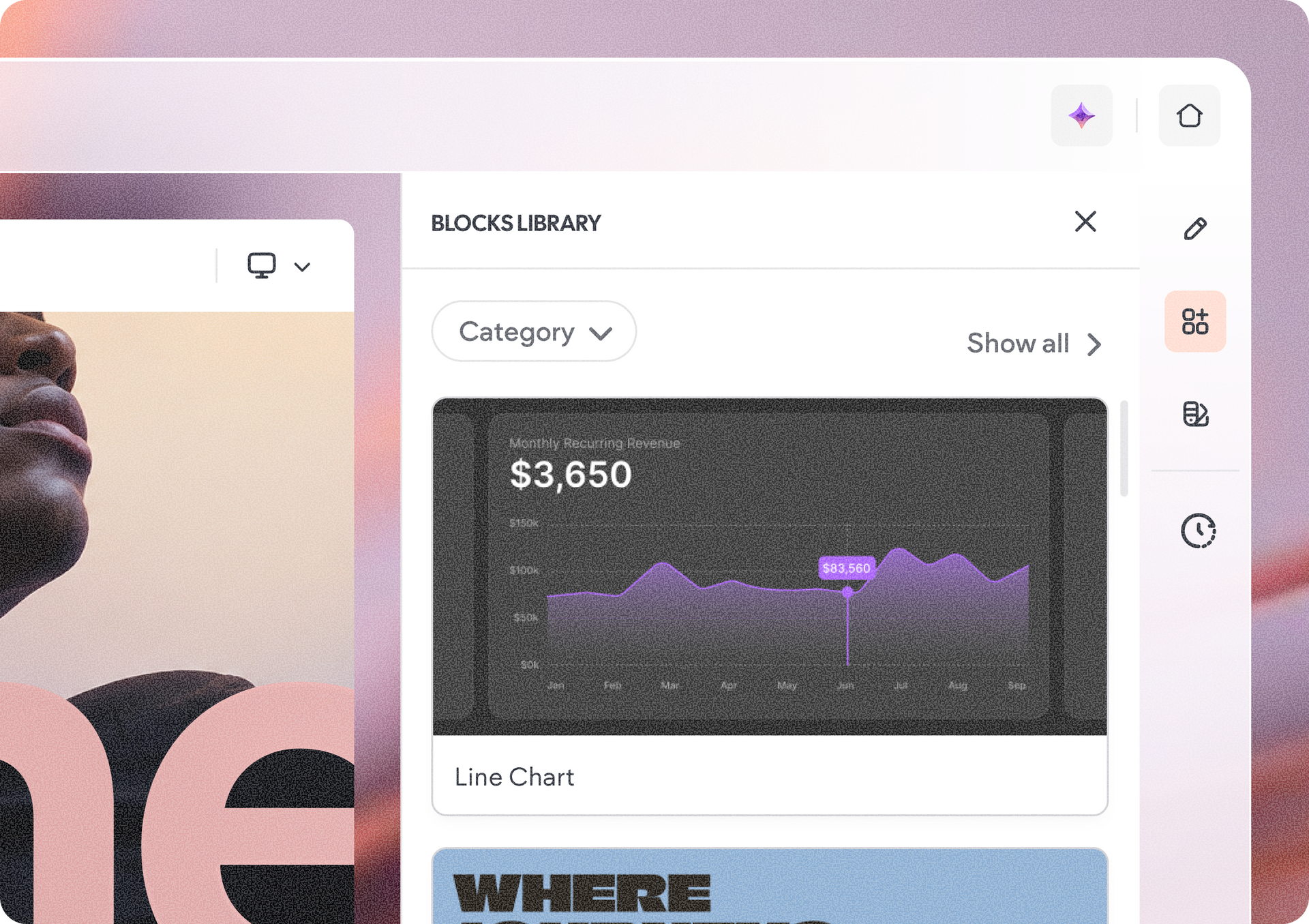 Dashboard UI with a dark line chart, $3,650 total, category dropdown, and filter sidebar