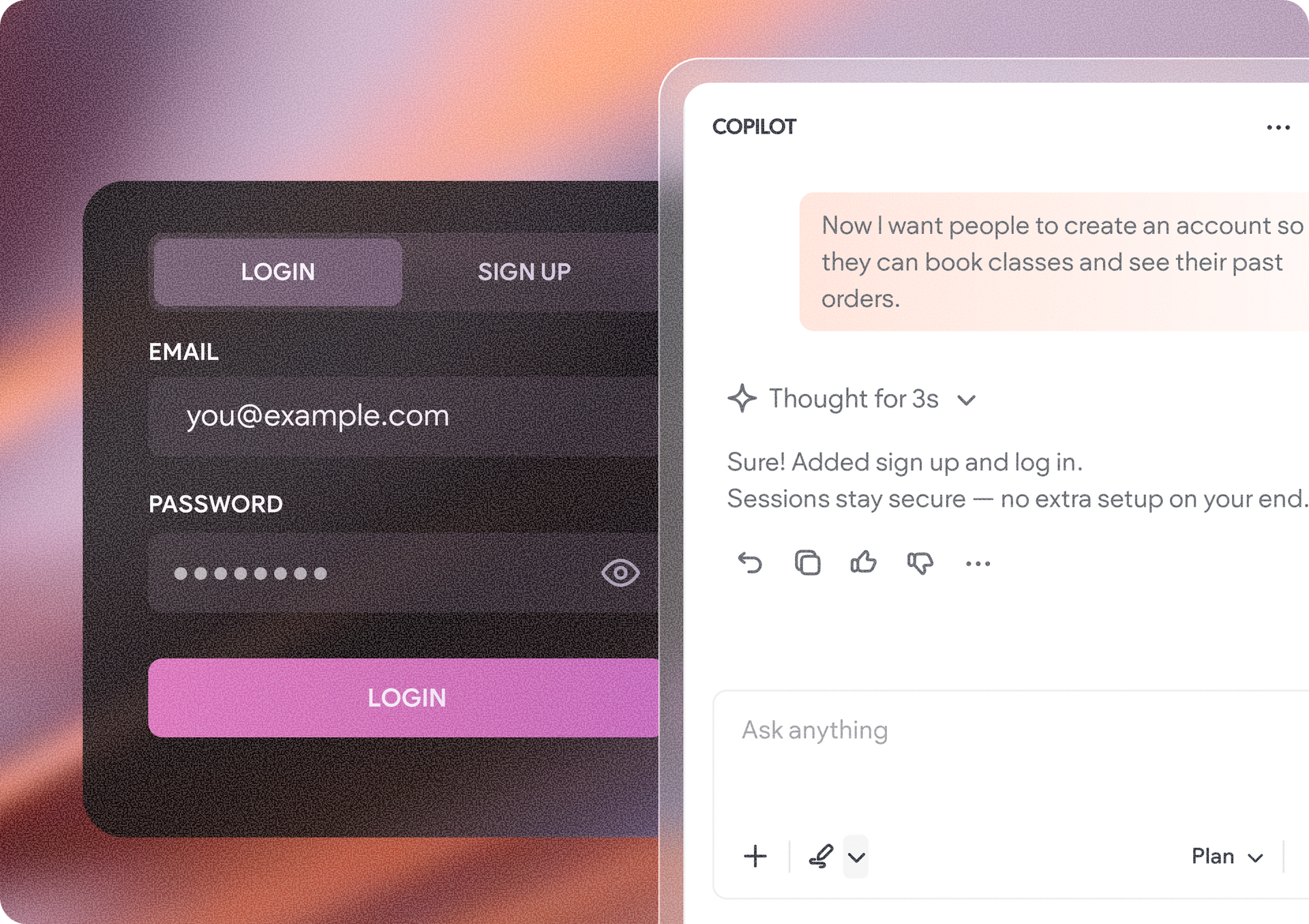 Split-screen UI mockup of a login form and a document editor with a pink note card and comment field