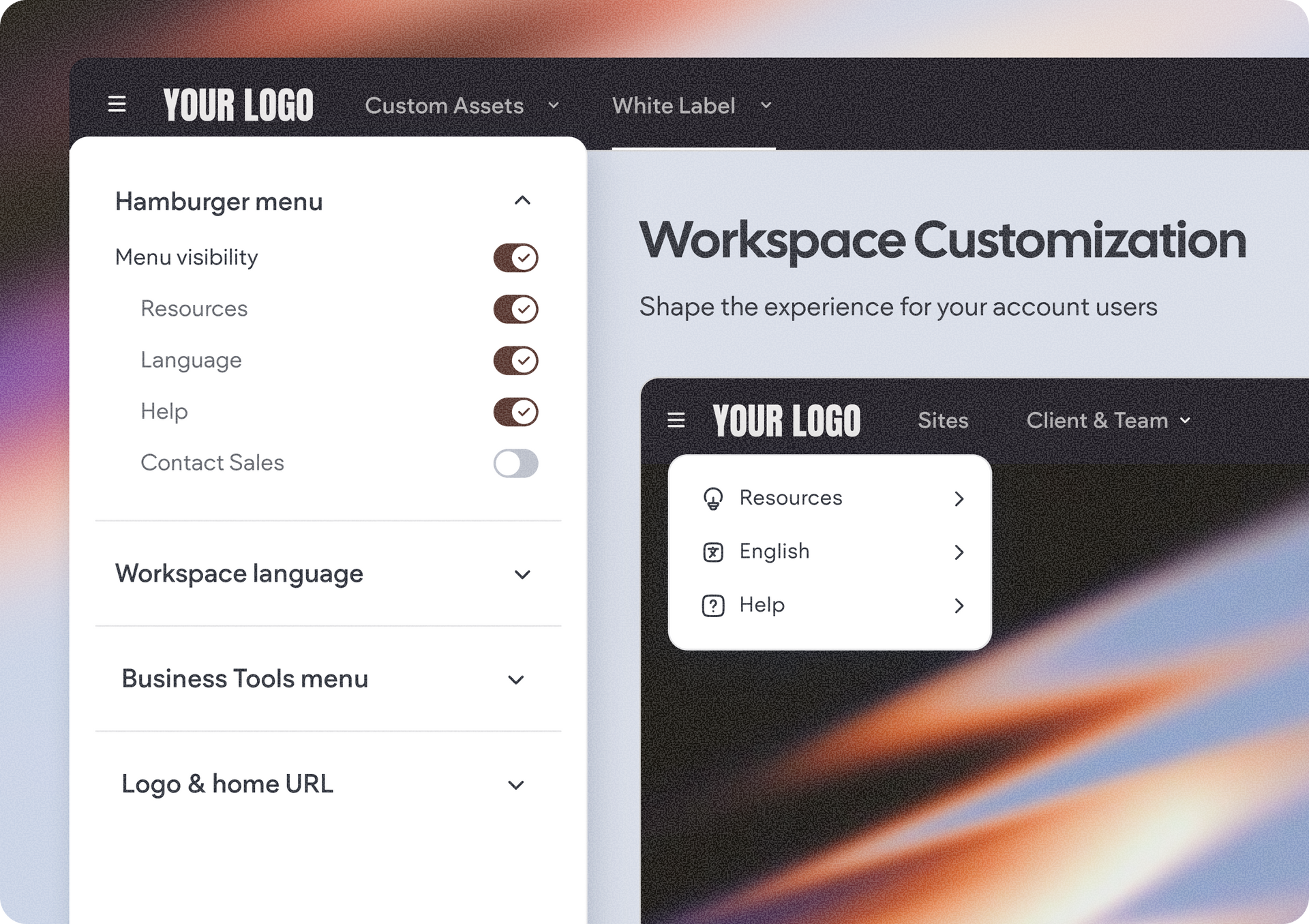 Workspace customization dashboard with white sidebar menu and dark preview panel on the right