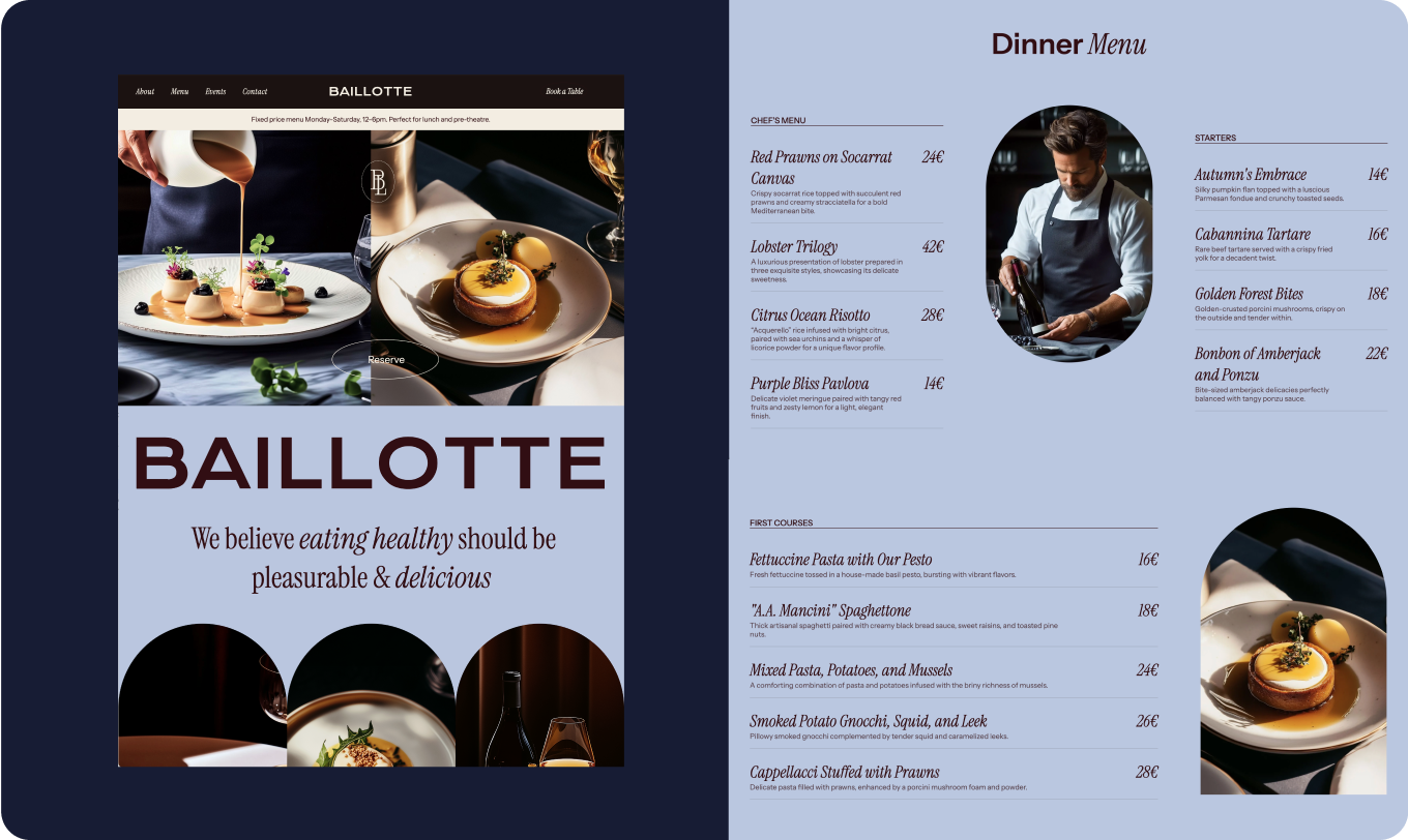 A menu for a restaurant called baillotte with plates of food and a chef.