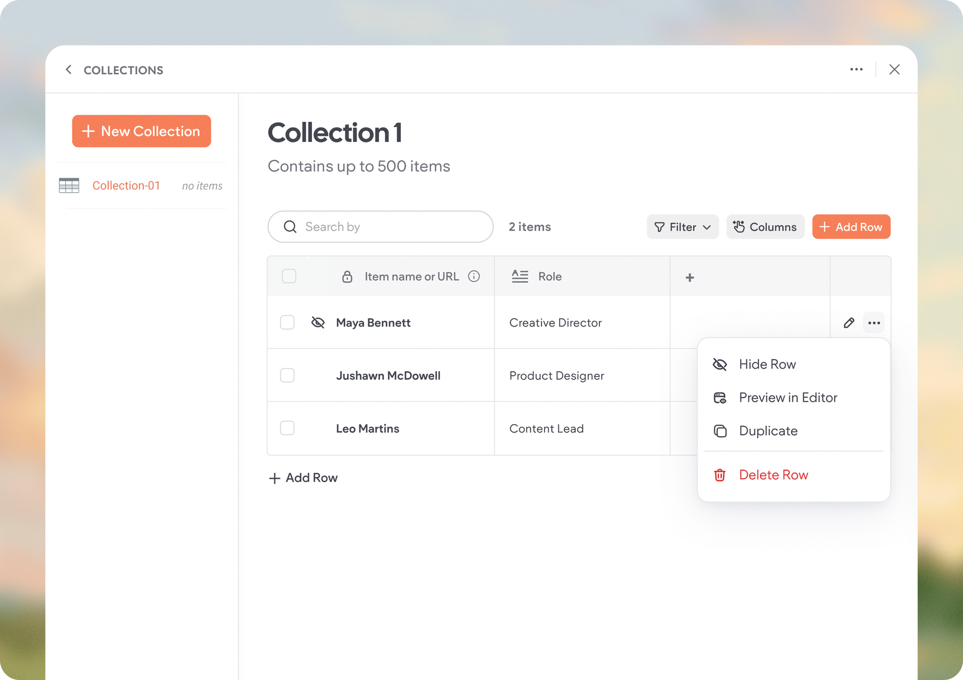 Web app dashboard showing a “Collection1” page with a sidebar, table, and open action menu