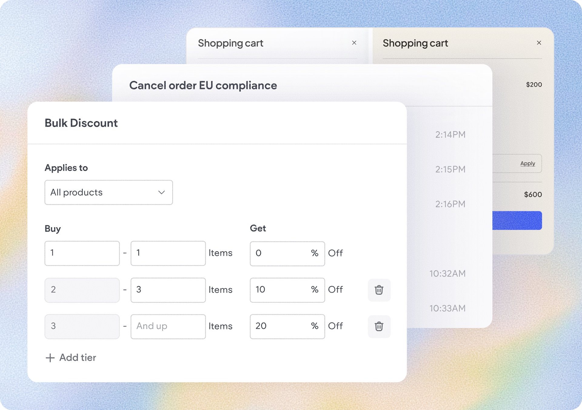 Blurred discount setup form with fields, dropdowns, and a blue action button on a white dialog.