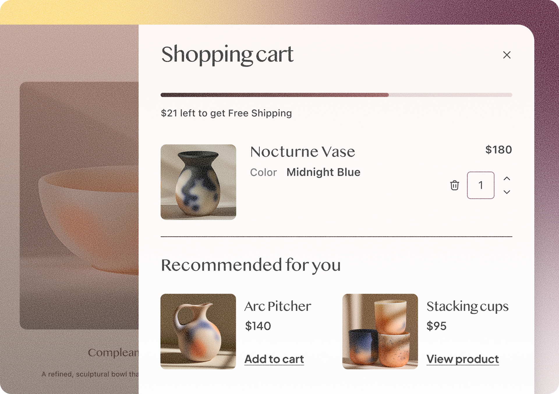 Shopping cart overlay with Nocturne Vase and recommended decor items on a beige shopping page