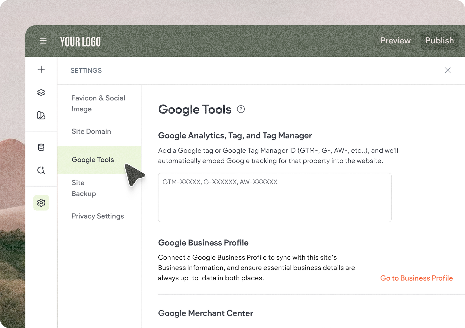 Analytics dashboard showing Google Tools settings and integration options in a sidebar menu.