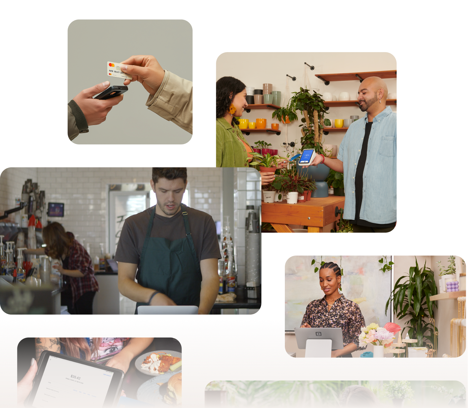 A collage of pictures of people working in a restaurant.