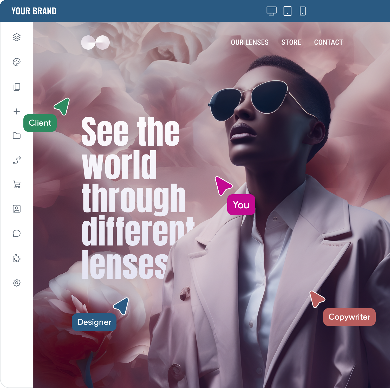 A man wearing sunglasses is on a website that says see the world through different lenses