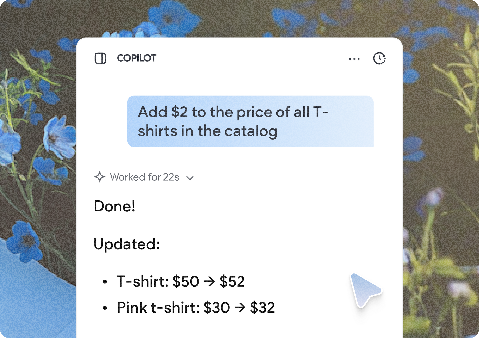 ChatGPT dialog showing a task to add $2 to all T-shirt prices, with updated prices listed