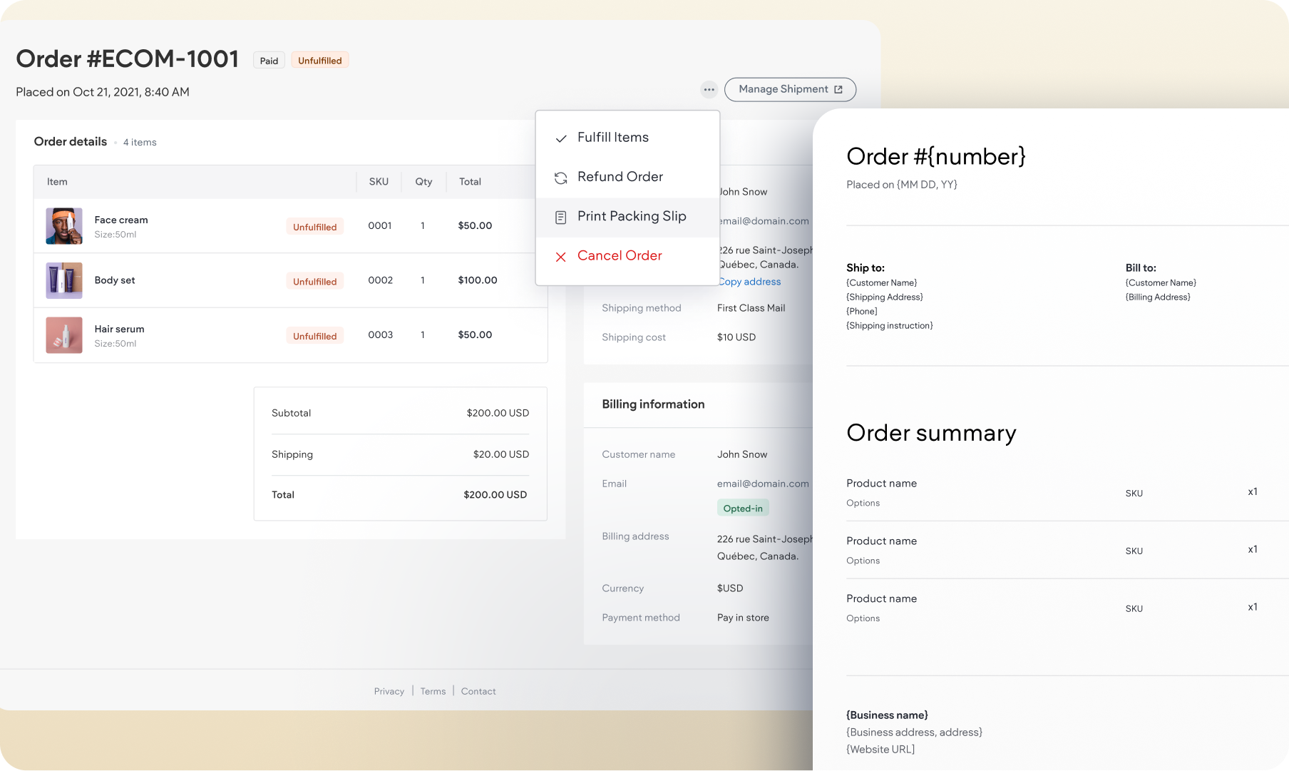 A screenshot of a website showing a dashboard and a receipt.