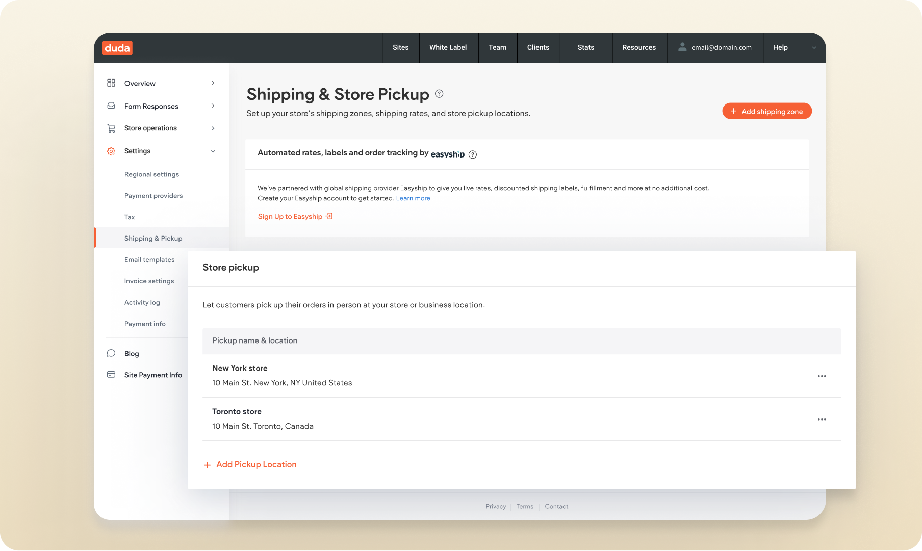 A screenshot of a website showing the shipping and store pickup page.