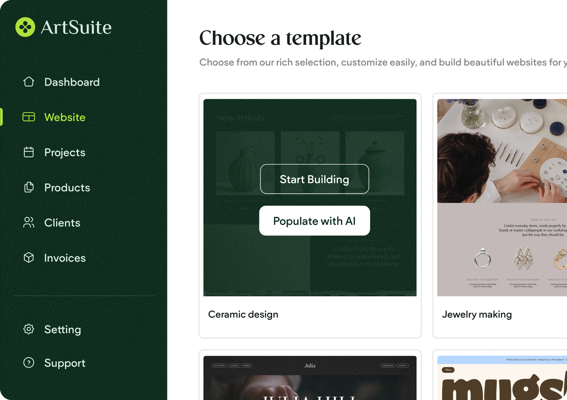 ArtSuite dashboard on “Choose a template” page with green sidebar and template cards