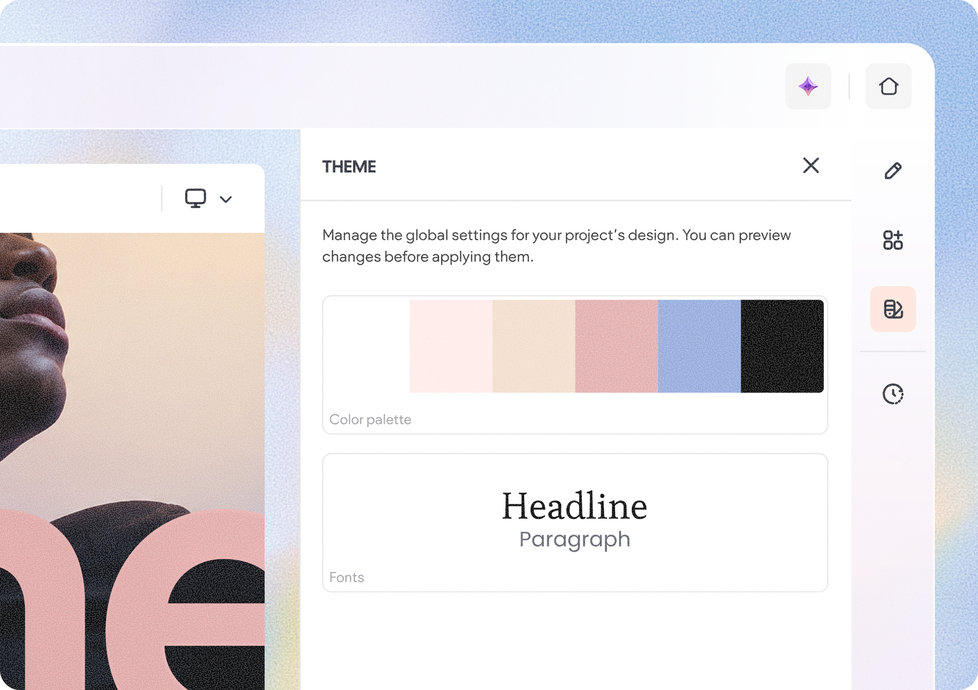 Theme editor with color palette, headline text, and a cropped portrait preview on the left