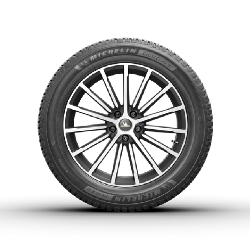 a michelin tire with a black rim on a white background