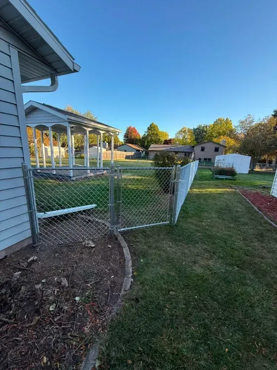 Backyard with chain-link fence, green lawn, house siding, and a white gazebo in evening light