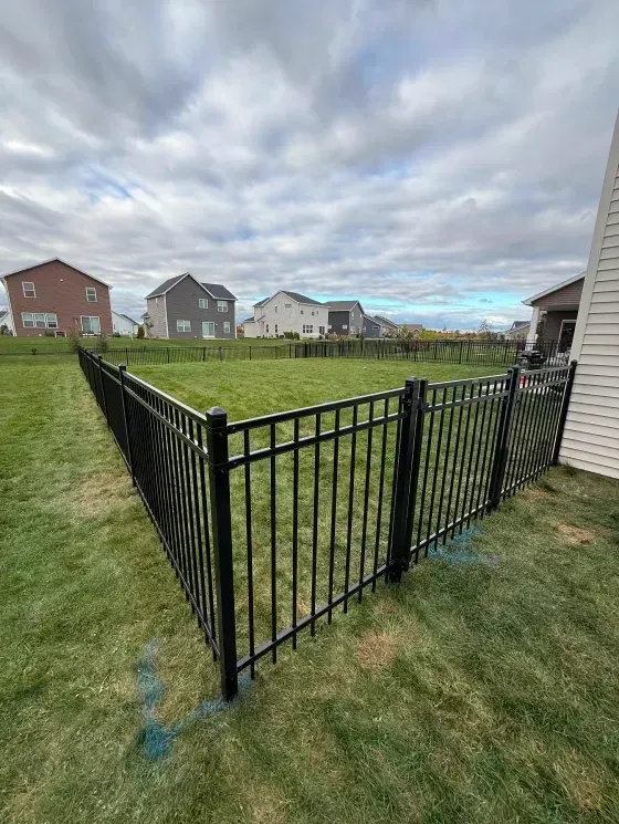 Black metal fence enclosing a grassy backyard under a cloudy sky, with houses nearby