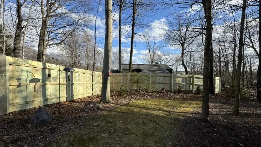 Wooden fence around a wooded yard with bare trees under a blue sky